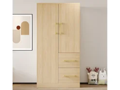 Guarda-roupa infantil de 2 portas com 2 gavetas e compartimentos de arrumação - 70 x 45 x 135 cm - madeira - natural