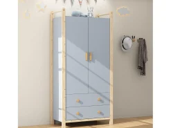Guarda-roupa infantil 89.6x44x180.5 cm - 2 gavetas e 2 portas - 1 haste para pendurar roupas - estrutura de pinho - azul + natural