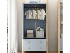 Guarda-roupa infantil 89.6x44x180.5 cm - 2 gavetas e 2 portas - 1 haste para pendurar roupas - estrutura de pinho - azul + natural