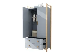 Guarda-roupa infantil 89.6x44x180.5 cm - 2 gavetas e 2 portas - 1 haste para pendurar roupas - estrutura de pinho - azul + natural