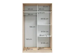Guarda-roupa JULIA 2 portas de correr L120xA200cm Branco mate e carvalho claro, 3 prateleiras, cabideiro, design moderno