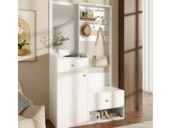 Guarda-roupa moderno - 105 x 38 x 180 cm - com espelho + ganchos ajustáveis + 1 porta + 2 gavetas + banco - aglomerado - branco