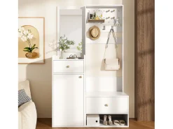Guarda-roupa moderno - 105 x 38 x 180 cm - com espelho + ganchos ajustáveis + 1 porta + 2 gavetas + banco - aglomerado - branco
