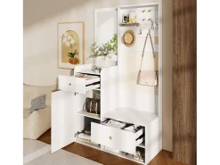 Guarda-roupa moderno - 105 x 38 x 180 cm - com espelho + ganchos ajustáveis + 1 porta + 2 gavetas + banco - aglomerado - branco