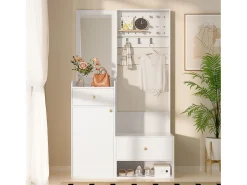Guarda-roupa moderno - 105 x 38 x 180 cm - com espelho + ganchos ajustáveis + 1 porta + 2 gavetas + banco - aglomerado - branco