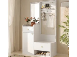 Guarda-roupa moderno - 105 x 38 x 180 cm - com espelho + ganchos ajustáveis + 1 porta + 2 gavetas + banco - aglomerado - branco