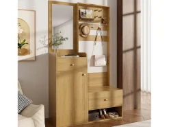 Guarda-roupa moderno - 105 x 38 x 180 cm - com espelho + ganchos ajustáveis + 1 porta + 2 gavetas + banco - aglomerado - cor natural