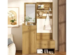 Guarda-roupa moderno - 105 x 38 x 180 cm - com espelho + ganchos ajustáveis + 1 porta + 2 gavetas + banco - aglomerado - cor natural