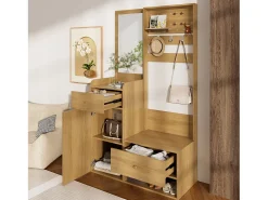Guarda-roupa moderno - 105 x 38 x 180 cm - com espelho + ganchos ajustáveis + 1 porta + 2 gavetas + banco - aglomerado - cor natural