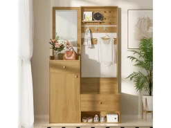 Guarda-roupa moderno - 105 x 38 x 180 cm - com espelho + ganchos ajustáveis + 1 porta + 2 gavetas + banco - aglomerado - cor natural