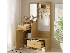 Guarda-roupa moderno - 105 x 38 x 180 cm - com espelho + ganchos ajustáveis + 1 porta + 2 gavetas + banco - aglomerado - cor natural