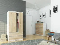 Guarda-Roupa Moderno Branco/Sonoma com 2 Portas e 2 Gavetas - 90x180x51 cm