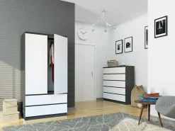 Guarda-roupa Moderno S90 2 Portas 2 Gavetas Grafite/Branco 90x180x51cm