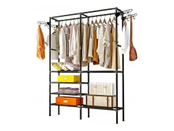 Guarda-roupa móvel preto 173x36x108 cm com 6 prateleiras, barra para pendurar e 8 cabides laterais – economia de espaço