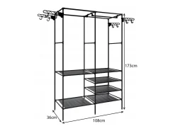 Guarda-roupa móvel preto 173x36x108 cm com 6 prateleiras, barra para pendurar e 8 cabides laterais – economia de espaço