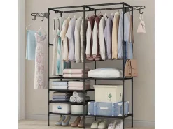 Guarda-roupa móvel preto 173x36x108 cm com 6 prateleiras, barra para pendurar e 8 cabides laterais – economia de espaço
