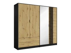 Guarda-roupa TUNALO com 4 portas, 2 gavetas e espelho, 220 cm de largura, nas cores preto e natural.