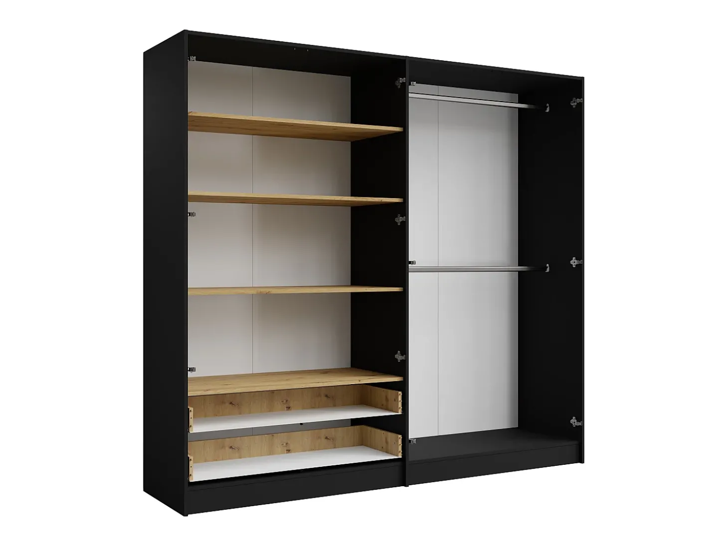 Guarda-roupa TUNALO com 4 portas, 2 gavetas e espelho, 220 cm de largura, nas cores preto e natural.