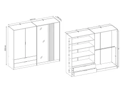 Guarda-roupa TUNALO com 4 portas, 2 gavetas e espelho, 220 cm de largura, nas cores preto e natural.