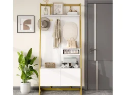 Guarda-roupa/armário de armazenamento com espelho + sapateira - ganchos de metal - 78 x 38,5 x 180,5 cm - MDF - branco