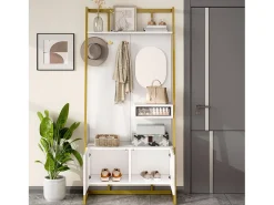 Guarda-roupa/armário de armazenamento com espelho + sapateira - ganchos de metal - 78 x 38,5 x 180,5 cm - MDF - branco