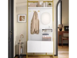 Guarda-roupa/armário de armazenamento com espelho + sapateira - ganchos de metal - 78 x 38,5 x 180,5 cm - MDF - branco