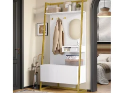 Guarda-roupa/armário de armazenamento com espelho + sapateira - ganchos de metal - 78 x 38,5 x 180,5 cm - MDF - branco