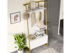 Guarda-roupa/armário de armazenamento com espelho + sapateira - ganchos de metal - 78 x 38,5 x 180,5 cm - MDF - branco