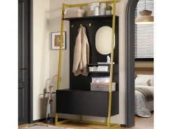 Guarda-roupa/armário de armazenamento com espelho + sapateira - ganchos de metal - 78 x 38,5 x 180,5 cm - MDF - preto