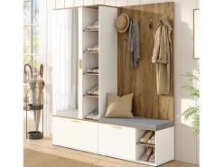 Guarda-roupa/cabideiro - 160 x 38 x 180 cm - com armário e banco para sapatos + varão para pendurar roupas + 4 ganchos + espelho + portas - aglomerado - branco