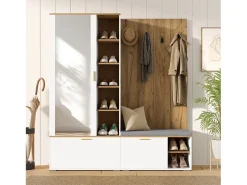 Guarda-roupa/cabideiro - 160 x 38 x 180 cm - com armário e banco para sapatos + varão para pendurar roupas + 4 ganchos + espelho + portas - aglomerado - branco