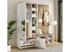 Guarda-roupa/cabideiro - 160 x 38 x 180 cm - com armário e banco para sapatos + varão para pendurar roupas + 4 ganchos + espelho + portas - aglomerado - branco