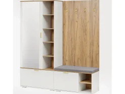 Guarda-roupa/cabideiro - 160 x 38 x 180 cm - com armário e banco para sapatos + varão para pendurar roupas + 4 ganchos + espelho + portas - aglomerado - branco