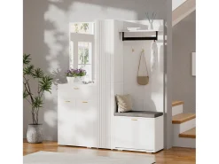 Guarda-roupa/cabideiro - 150 x 36 x 180 cm - com banco para sapatos + armário + espelho + gavetas - aglomerado - branco