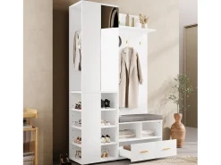 Guarda-roupa/cabideiro - 120 x 35 x 190 cm - com banco para sapatos + 3 ganchos + espelho + gavetas - aglomerado - branco