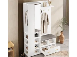 Guarda-roupa/cabideiro - 120 x 35 x 190 cm - com banco para sapatos + 3 ganchos + espelho + gavetas - aglomerado - branco
