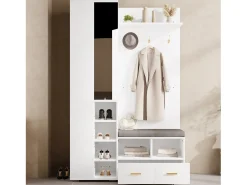 Guarda-roupa/cabideiro - 120 x 35 x 190 cm - com banco para sapatos + 3 ganchos + espelho + gavetas - aglomerado - branco