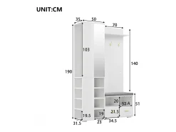 Guarda-roupa/cabideiro - 120 x 35 x 190 cm - com banco para sapatos + 3 ganchos + espelho + gavetas - aglomerado - branco