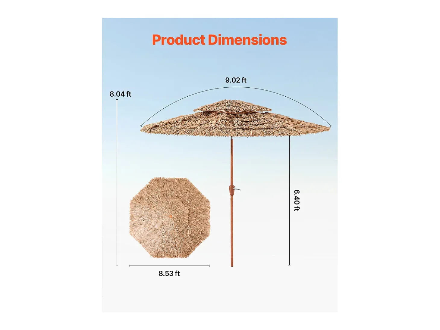 Guarda-Sol Havaiano SucceBuy, Guarda-sol Exótico Inclinável de 2,7 m com Telhado de Palha, PP, 8 Varetas de Metal, para Praia, Pátio, Piscina, Jardim