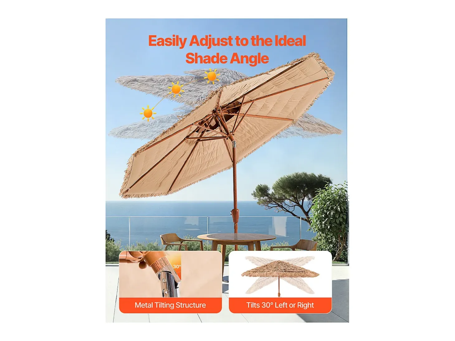 Guarda-Sol Havaiano SucceBuy, Guarda-sol Exótico Inclinável de 2,7 m com Telhado de Palha, PP, 8 Varetas de Metal, para Praia, Pátio, Piscina, Jardim