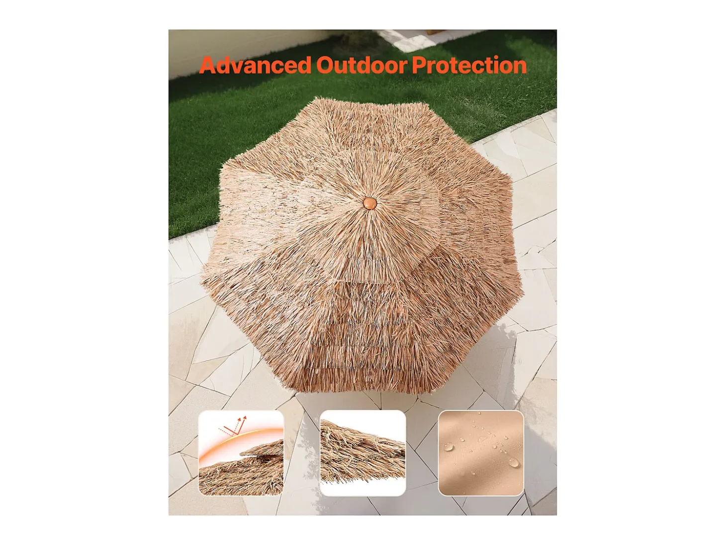 Guarda-Sol Havaiano SucceBuy, Guarda-sol Exótico Inclinável de 2,7 m com Telhado de Palha, PP, 8 Varetas de Metal, para Praia, Pátio, Piscina, Jardim