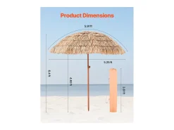 Guarda-sol Havaiano SucceBuy, Guarda-sol Exótico Inclinável de 1,8 m com Telhado de Palha PP, 8 Varas Metálicas, para Praia, Terraço, Piscina, Jardim