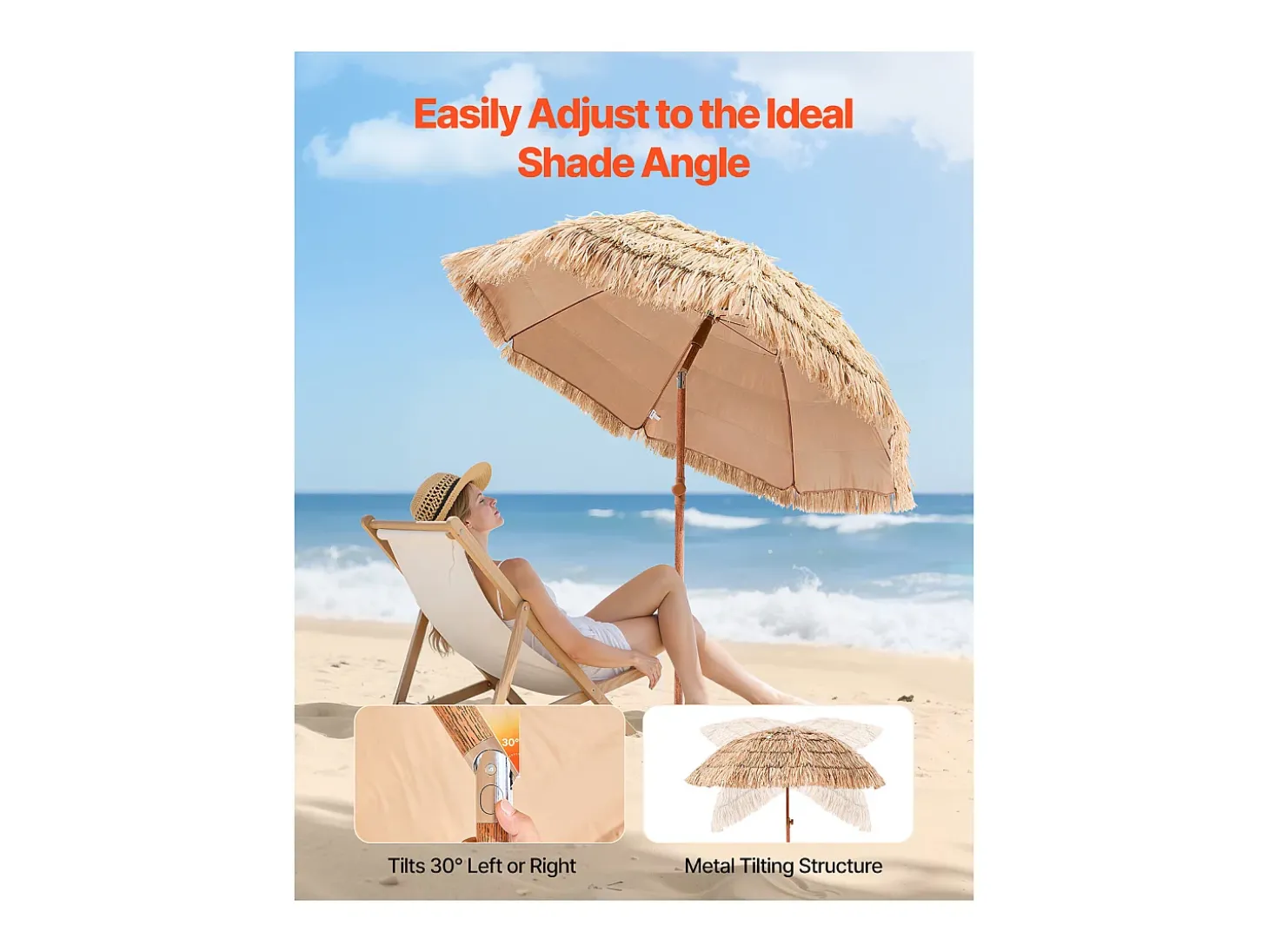 Guarda-sol Havaiano SucceBuy, Guarda-sol Exótico Inclinável de 1,8 m com Telhado de Palha PP, 8 Varas Metálicas, para Praia, Terraço, Piscina, Jardim