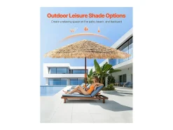 Guarda-Sol Havaiano SucceBuy, Guarda-sol Exótico Inclinável de 2,7 m com Telhado de Palha, PP, 8 Varetas de Metal, para Praia, Pátio, Piscina, Jardim