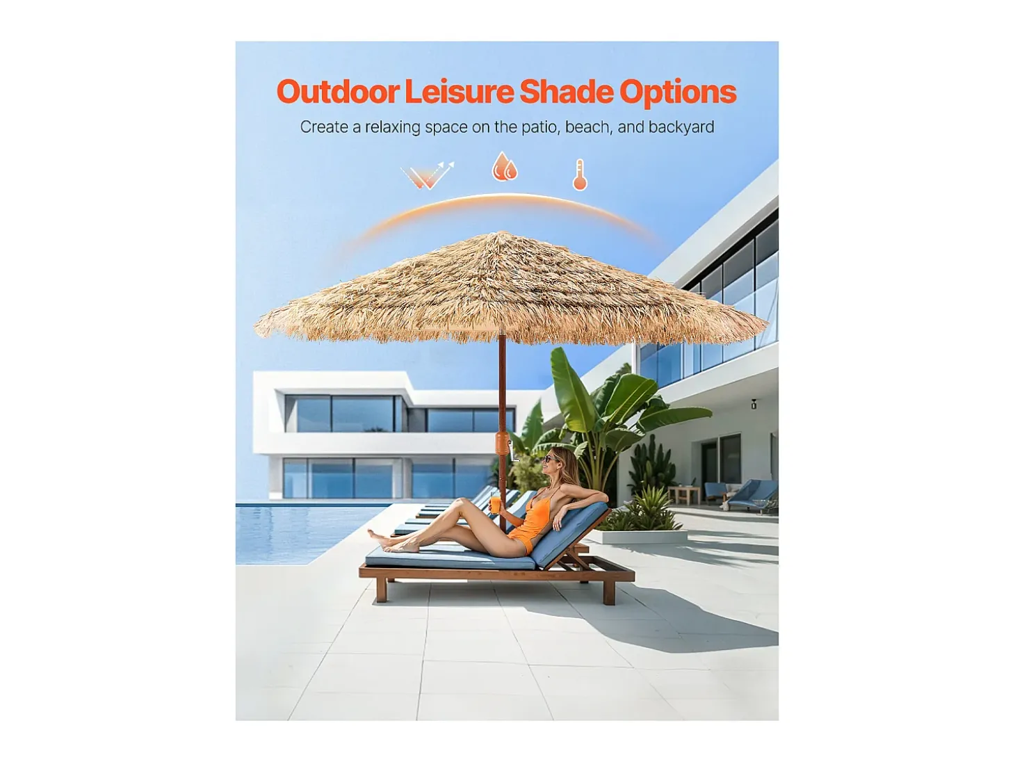 Guarda-Sol Havaiano SucceBuy, Guarda-sol Exótico Inclinável de 2,7 m com Telhado de Palha, PP, 8 Varetas de Metal, para Praia, Pátio, Piscina, Jardim