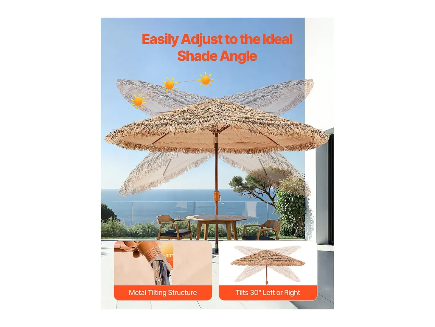 Guarda-Sol Havaiano SucceBuy, Guarda-sol Exótico Inclinável de 2,7 m com Telhado de Palha, PP, 8 Varetas de Metal, para Praia, Pátio, Piscina, Jardim