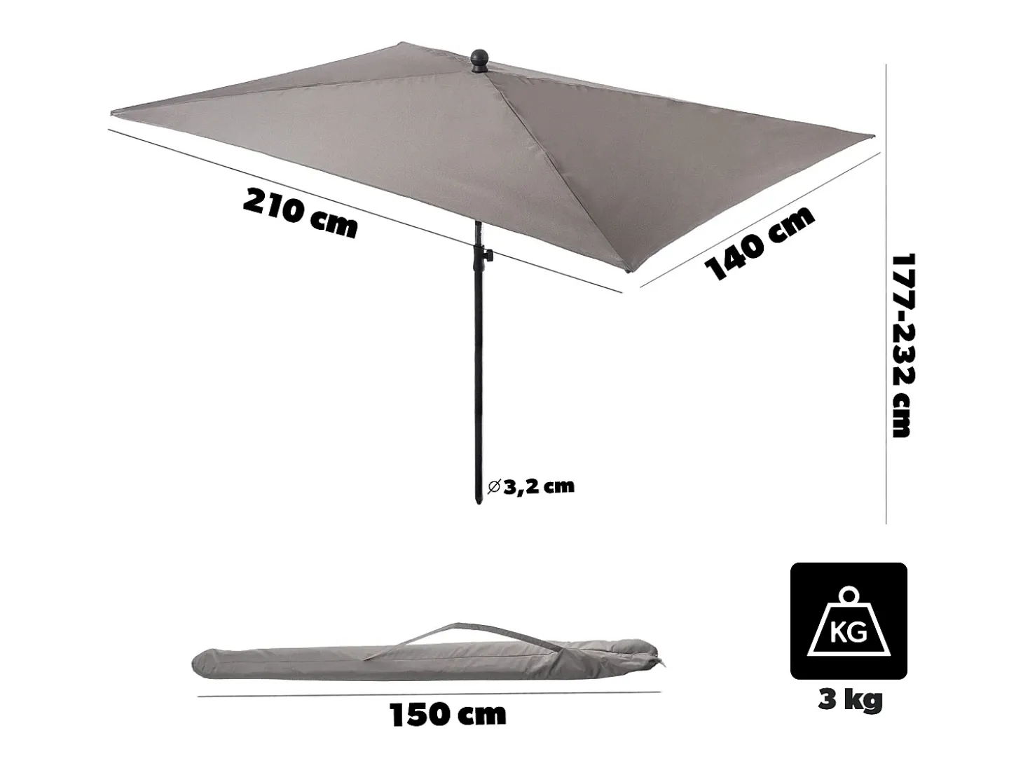 Guarda-sol retangular de varanda KADAX, 210 x 140 cm, guarda-sol ajustável em altura para varanda e terraço, guarda-sol dobrável para pátio com bolsa de