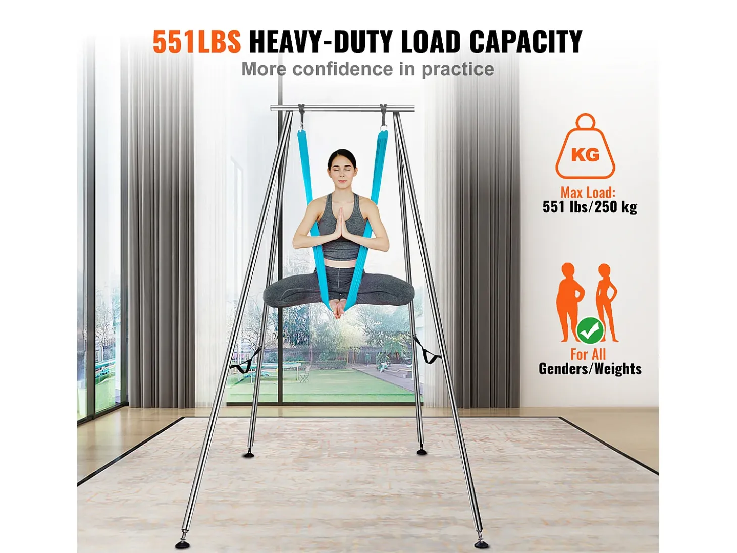 Hamaca de Yoga SucceBuy, Quadro e Hamaca de Yoga Aéreo, Carga de 250 kg, Kit de Hamaca Aérea, para o Yoga Interior e Exterior, Azul