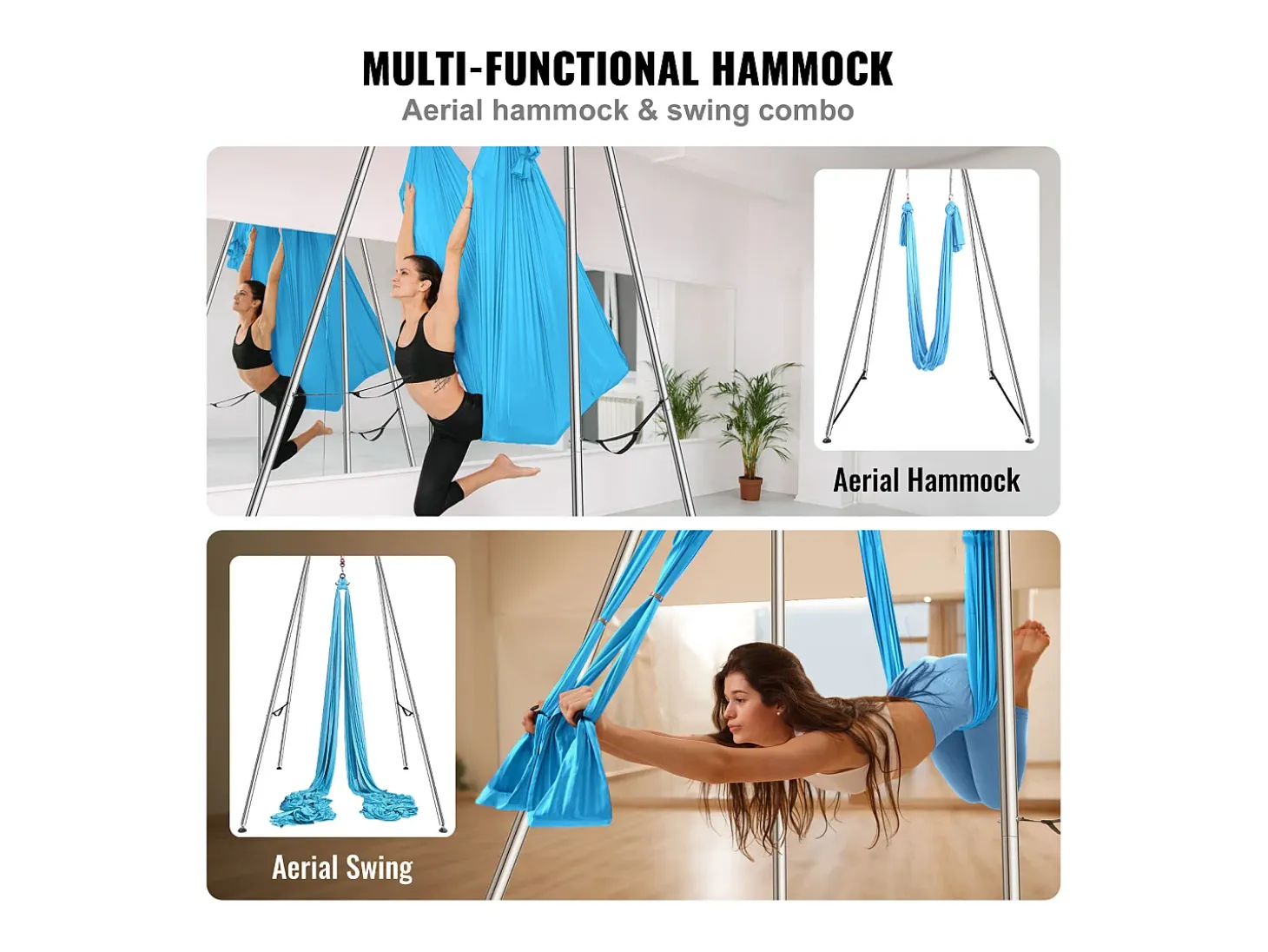 Hamaca de Yoga SucceBuy, Quadro e Hamaca de Yoga Aéreo, Carga de 250 kg, Kit de Hamaca Aérea, para o Yoga Interior e Exterior, Azul