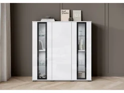 Highboard moderno 120 cm – vitrine alta para sala com vidro, corpo branco mate, frentes branco brilho
